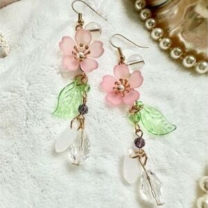 New! Cherry Blossom Flower Dangle Drop Earrings with Green Leaf Charms